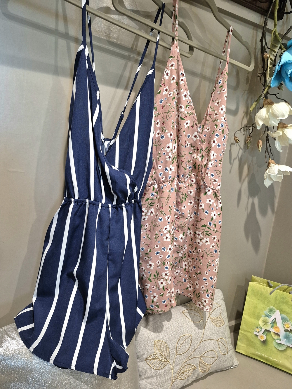 Romper Bundle Navy Striped And Blush Pink Floral Print